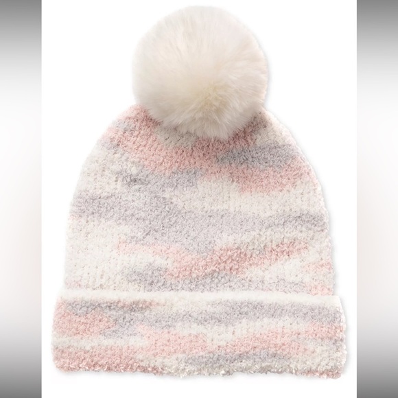 Jenni Fuzzy Jacquard Pom Pom Beanie in Animal Print One Size blush grey NWT - Picture 3 of 5